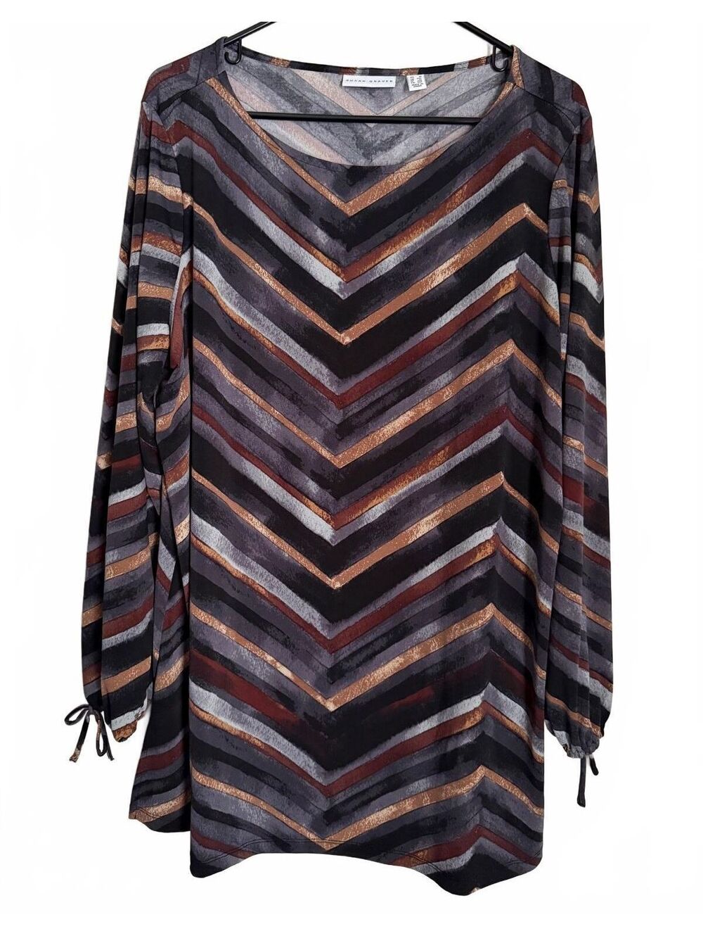 Susan Graver QVC Blouse Tunic Size 1X Stripes Retro Geometric Brown Gray Black